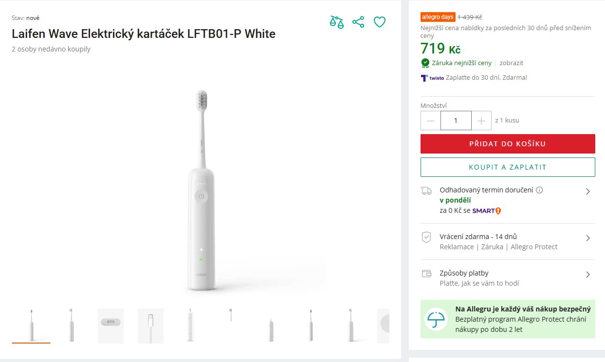 Sonický el. kartáček Laifen, BT, 30 dnů